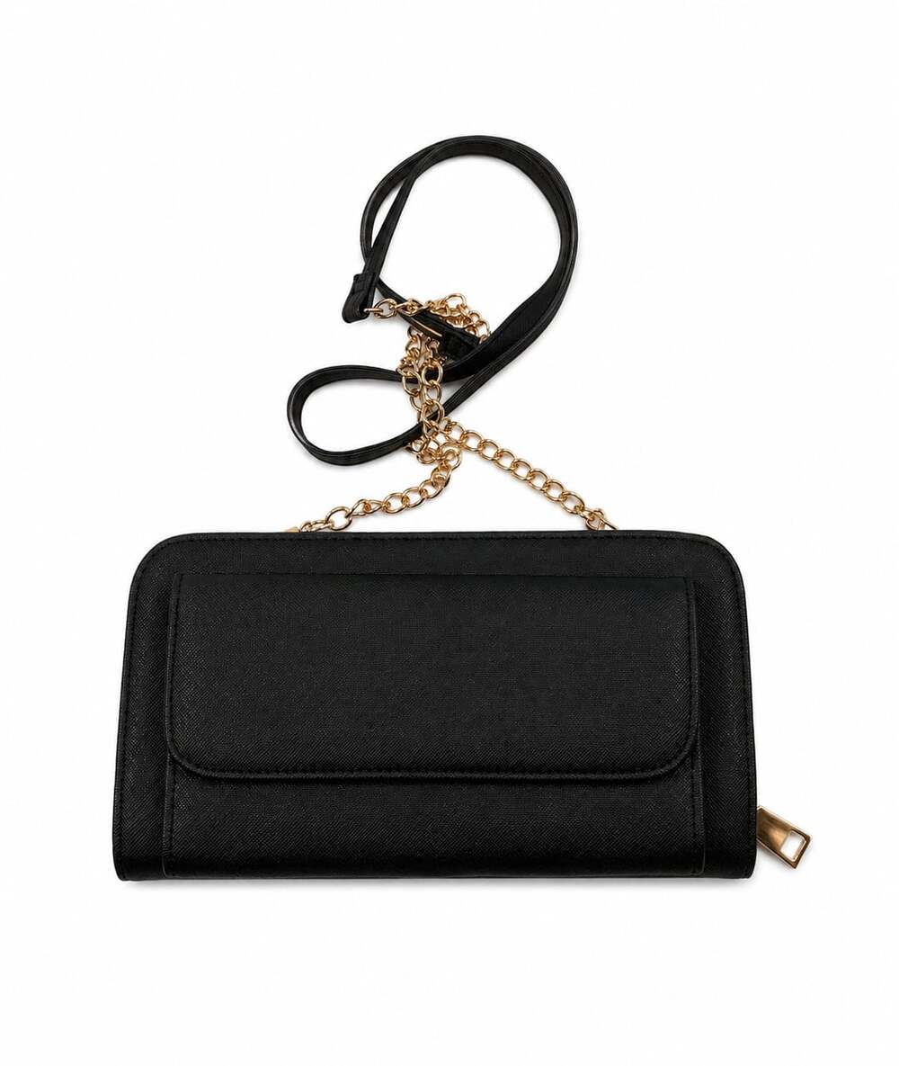 Mezon Saffiano Faux Leather Crossbody Wallet Bag with Gold Chain Minimalist